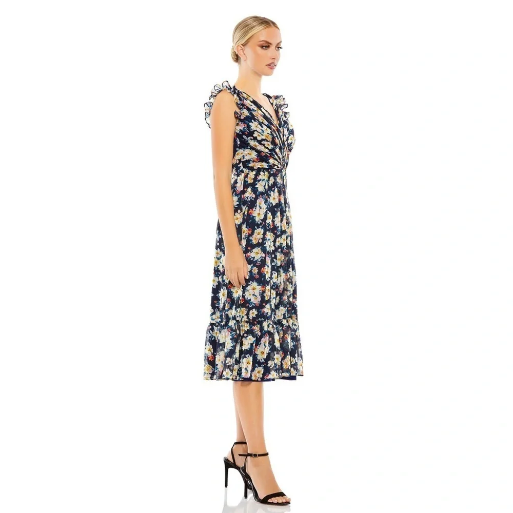 Ieena for Mac Duggal Flowy Floral Print V Neck Cap Sleeve Midi Dress 55665 - Picture 2 of 11